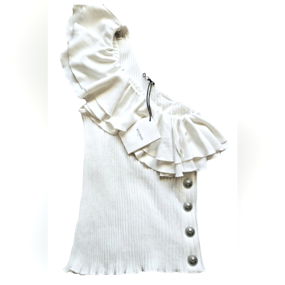 Balmain One-shoulder Ruffled Ribbed-knit Top Size 8